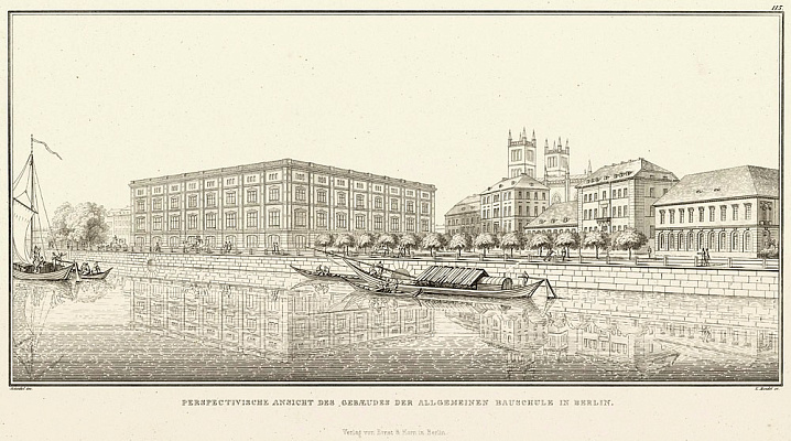 Площадь Строительной академии. Вид с канала Купферграбен на здание академии, ее передний двор, церковь Фридрихс-Вердер и жилую застройку. Рисунок 1831 г.